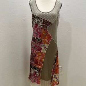 Tango Mango Dress M Pink Brown Floral Dot Patchwork Art Wear Boho Knit Shift